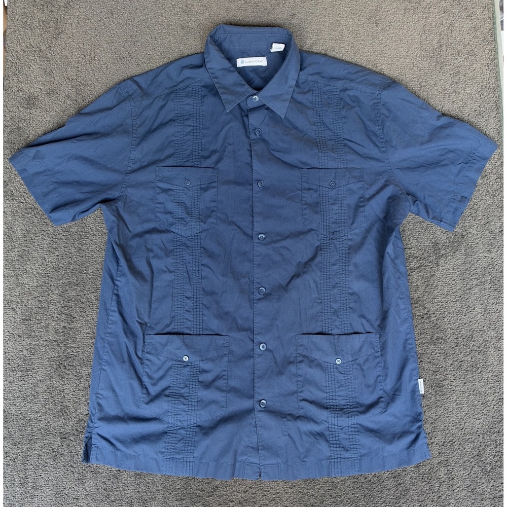 Cubavera Mens Guayabera Shirt Large Blue Short Sleeve 4 Pocket Pintuck Camp